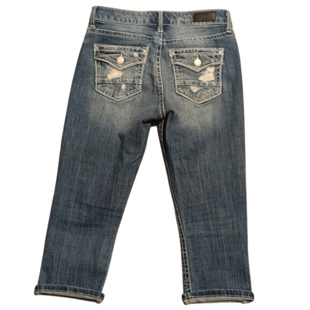 Daytrip Virgo Jeans 27 Faded Blue Denim Crop Capri Distressed Flap Pockets
